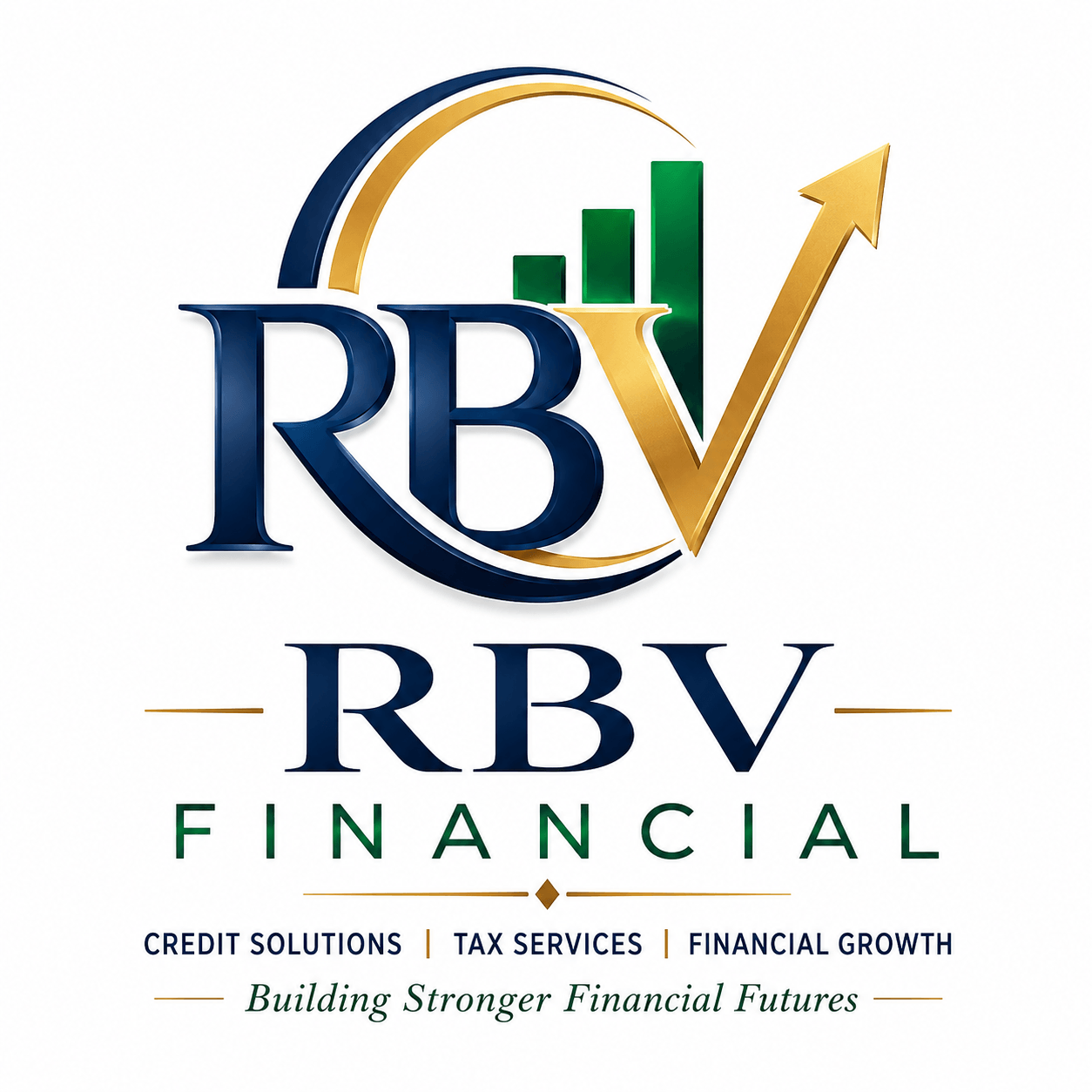 RBV Financial logo featuring blue and gold text, upward arrow, and green bar chart with tagline Building Stronger Financial Futures